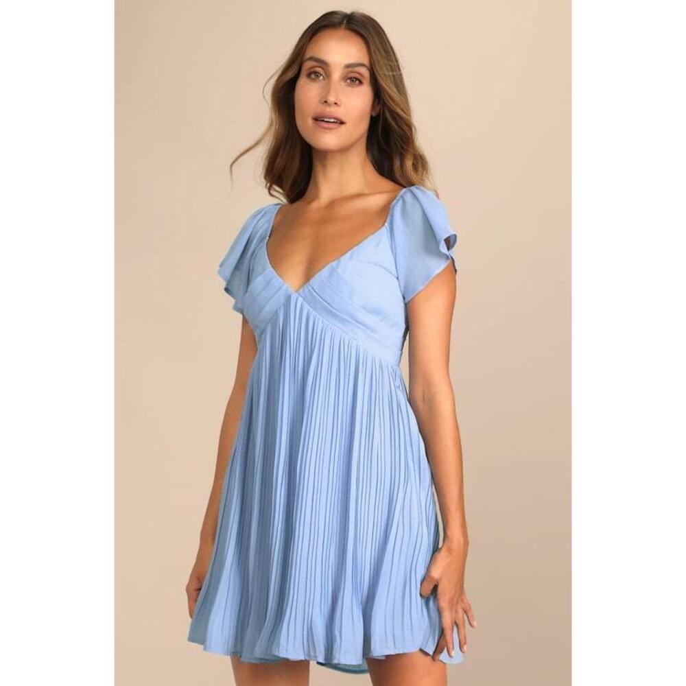Lulus Amalfi Coast Light Blue Pleated Flutter Sleeve Mini Dress - Size XXL